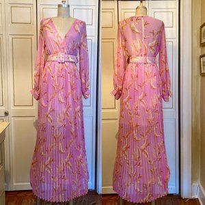 Womans printed chiffon maxi dress in pink/ lavender color, size M